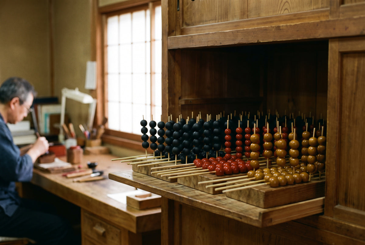 Lacquer beads on bamboo skewers drying in a wooden curing cabinet