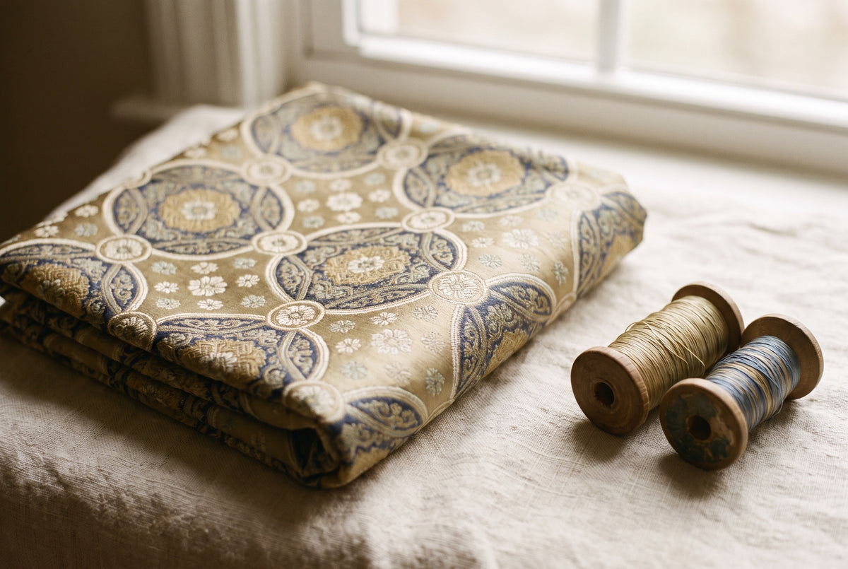 A folded length of Song brocade silk beside two spools of thread